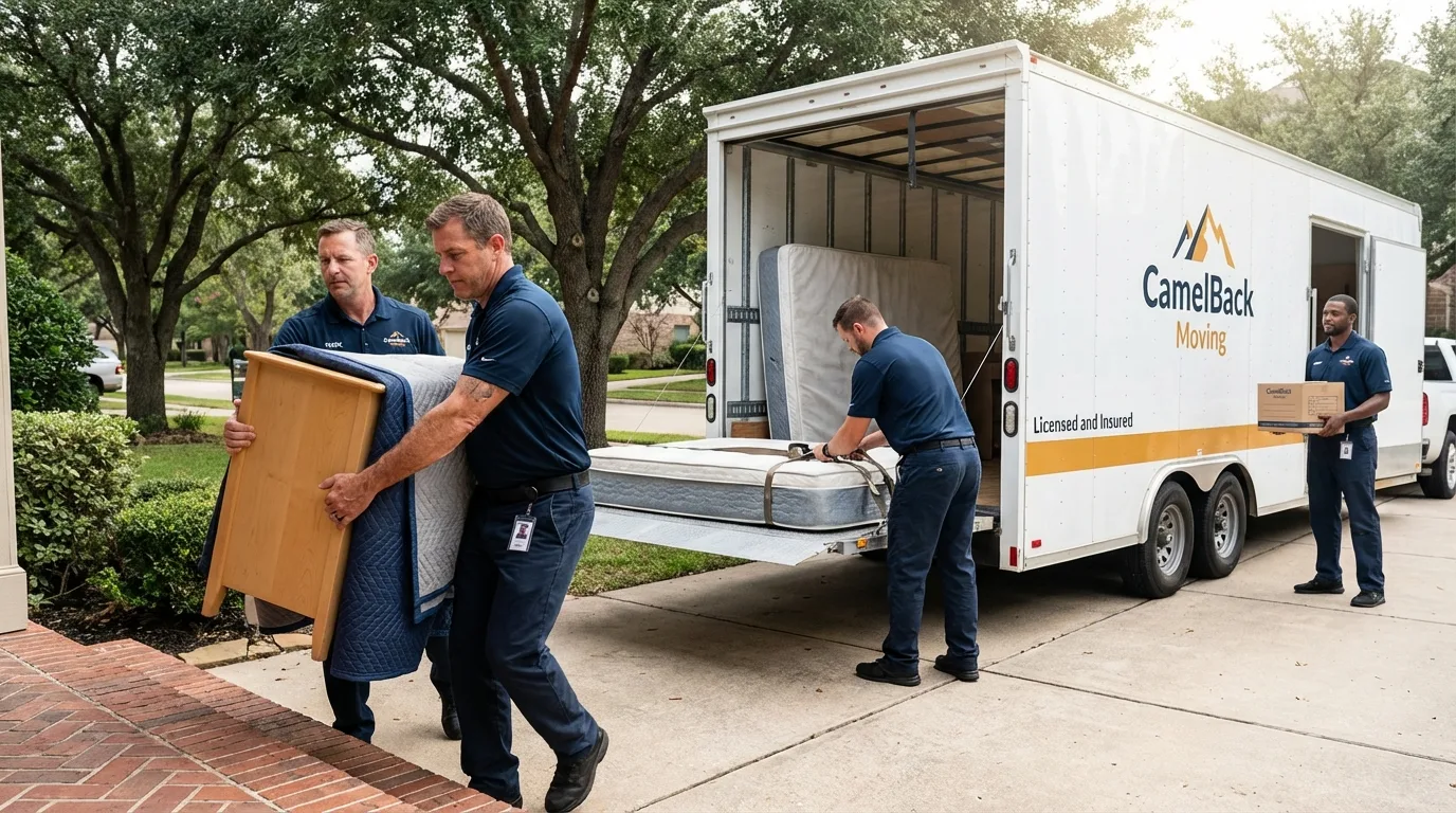 Crew loading residential truck for cross-state move from Baker, LA