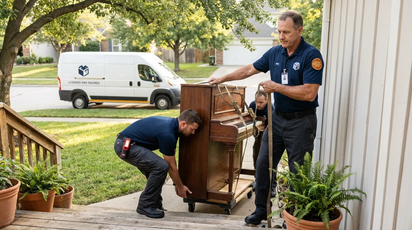 Licensed piano movers securing grand piano in Baker, LA