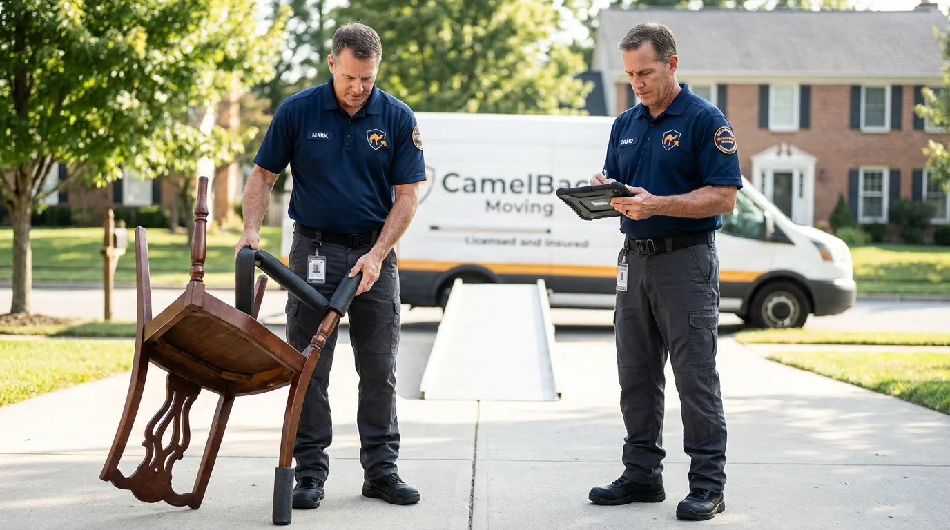 Movers inspecting furniture for damage prevention before loading in Baker, LA