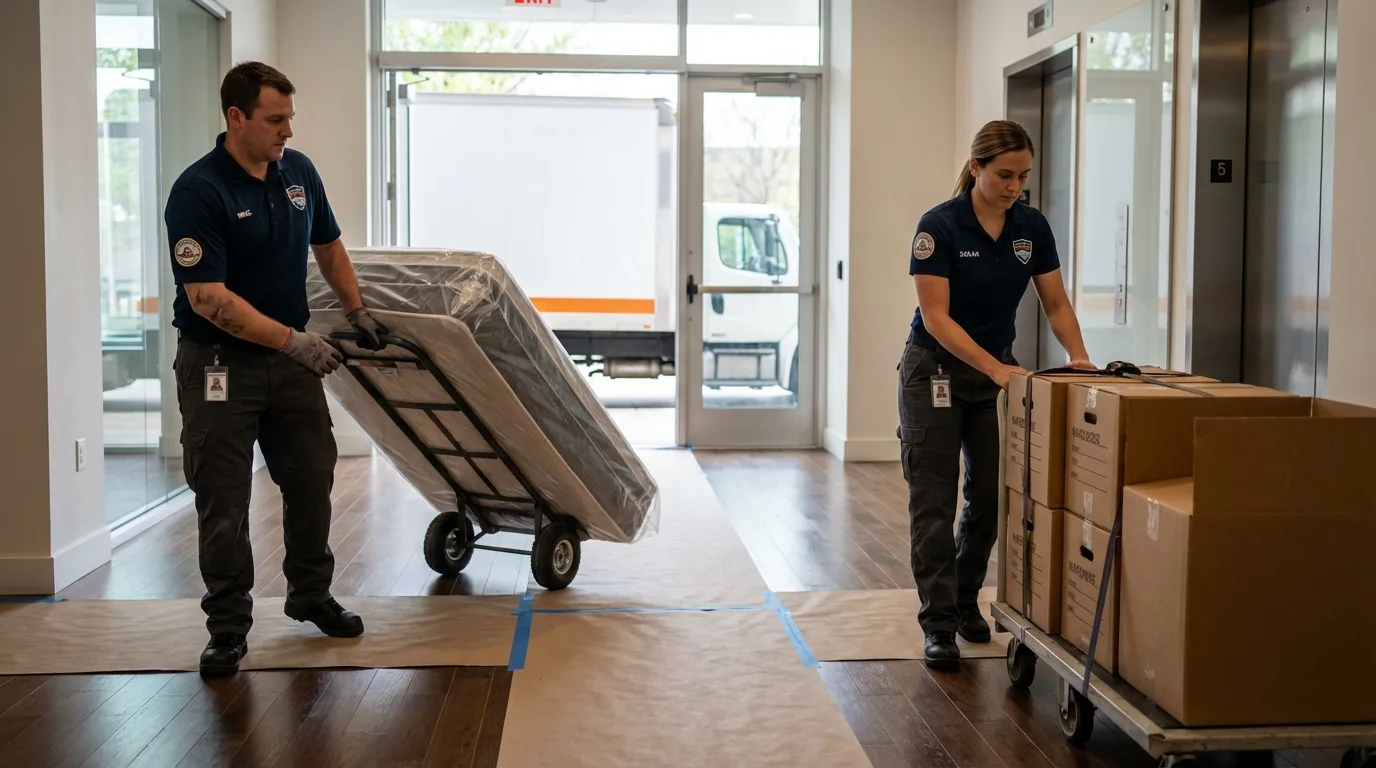 Professional apartment movers loading elevator in Baker, LA